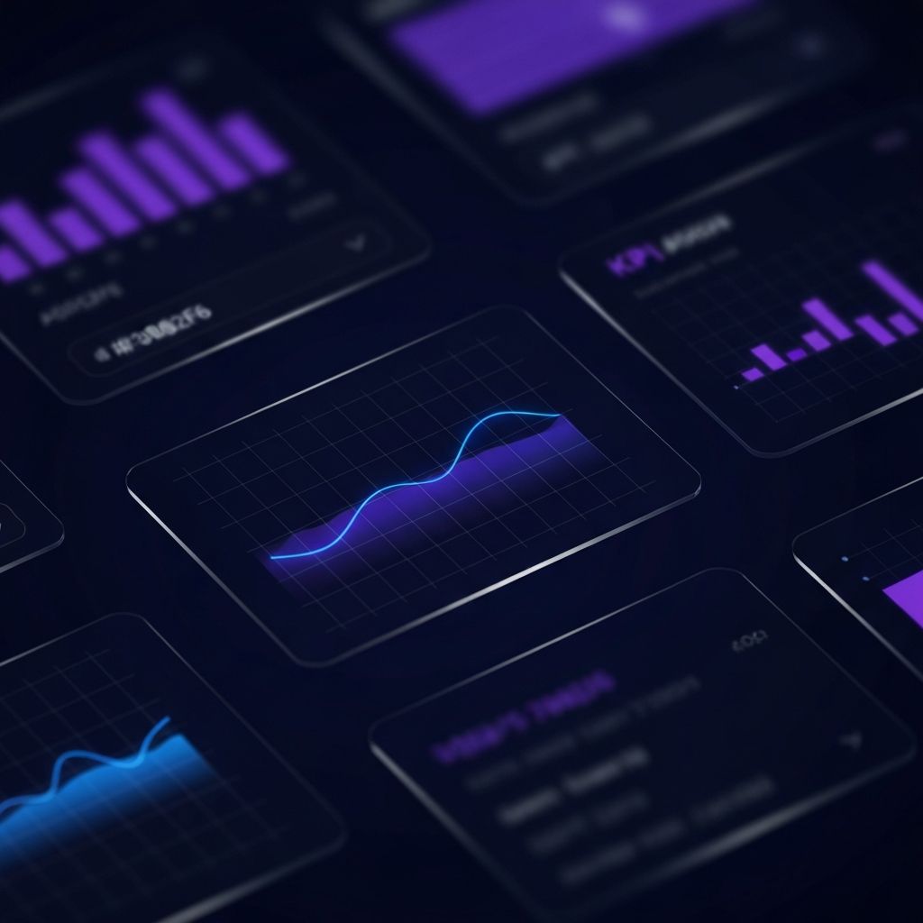 Preview of the RiskShield AI risk intelligence dashboard — central cyan trend curve surrounded by violet bar charts and KPI panels